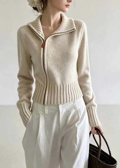 Stylish Oatmeal Hign Neck Zippered Knit Cardigan Fall