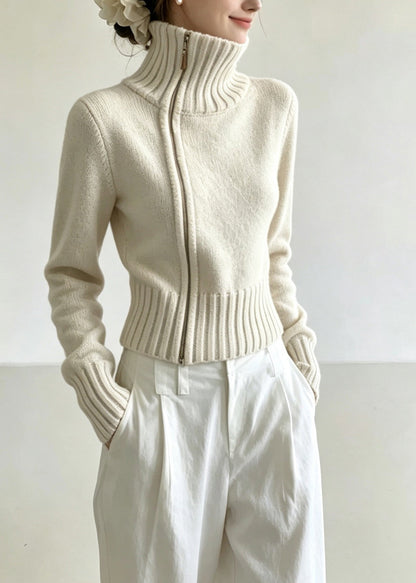 Stylish Oatmeal Hign Neck Zippered Knit Cardigan Fall