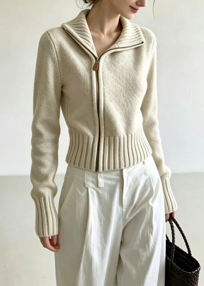 Stylish Oatmeal Hign Neck Zippered Knit Cardigan Fall