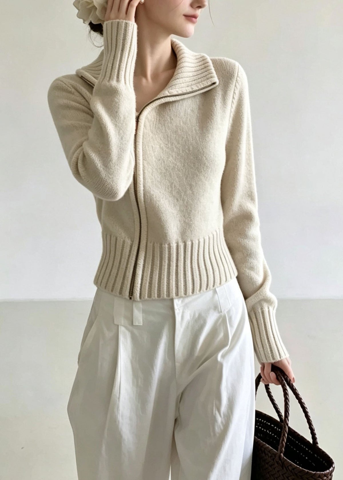 Stylish Oatmeal Hign Neck Zippered Knit Cardigan Fall