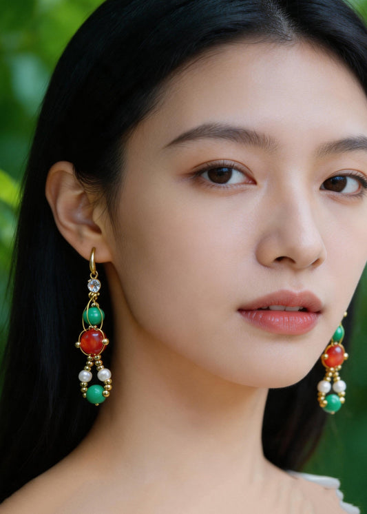 Stylish Orange Crystal And Fine Turquoise Drop Earrings