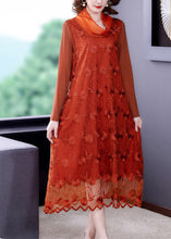 Load image into Gallery viewer, Stylish Orange Embroidered Floral Tulle Long Dress Long Sleeve