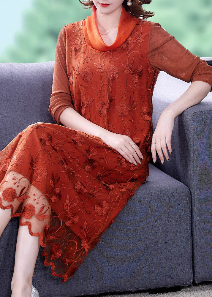 Stylish Orange Embroidered Floral Tulle Long Dress Long Sleeve