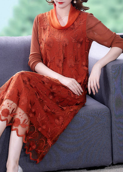 Stylish Orange Embroidered Floral Tulle Long Dress Long Sleeve