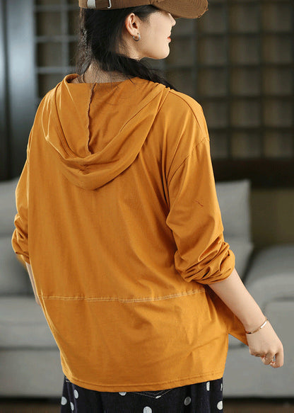 Stylish Orange Hooded Cotton Pullover Streetwear Fall