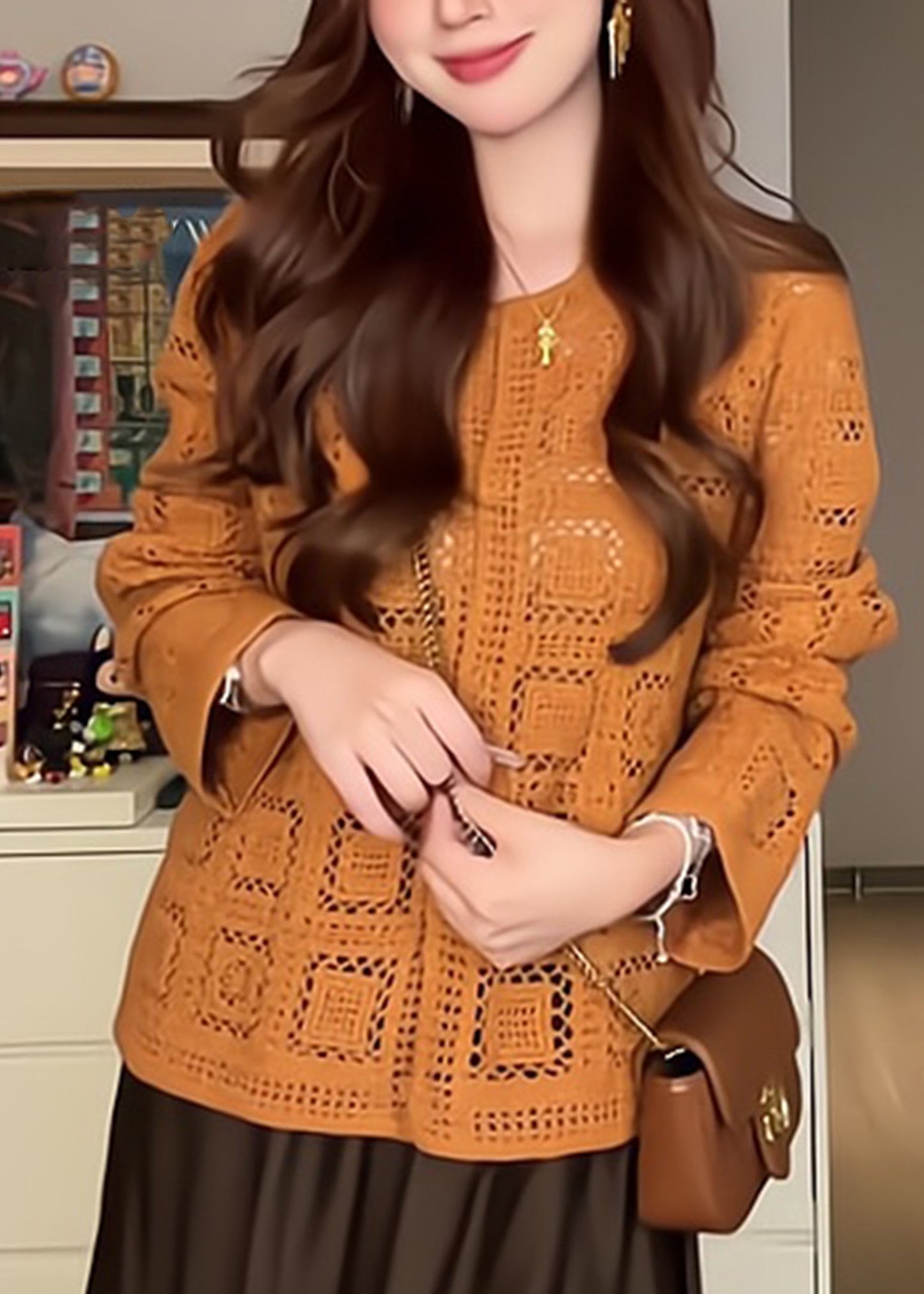 Stylish Orange O-Neck Solid Cotton Knit Cardigans Long Sleeve