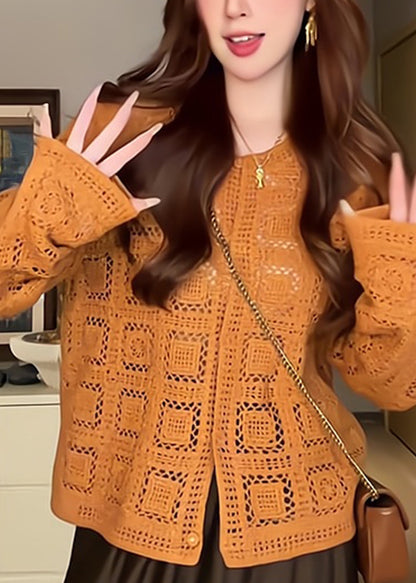 Stylish Orange O-Neck Solid Cotton Knit Cardigans Long Sleeve