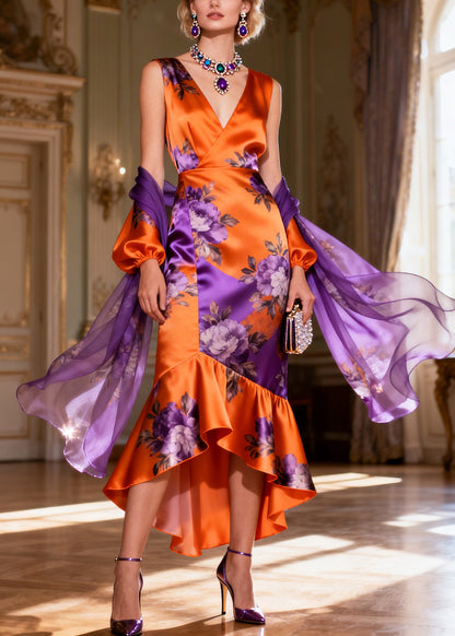 Stylish Orange Ruffled Patchwork Print Silk Wraped Dresses Summer
