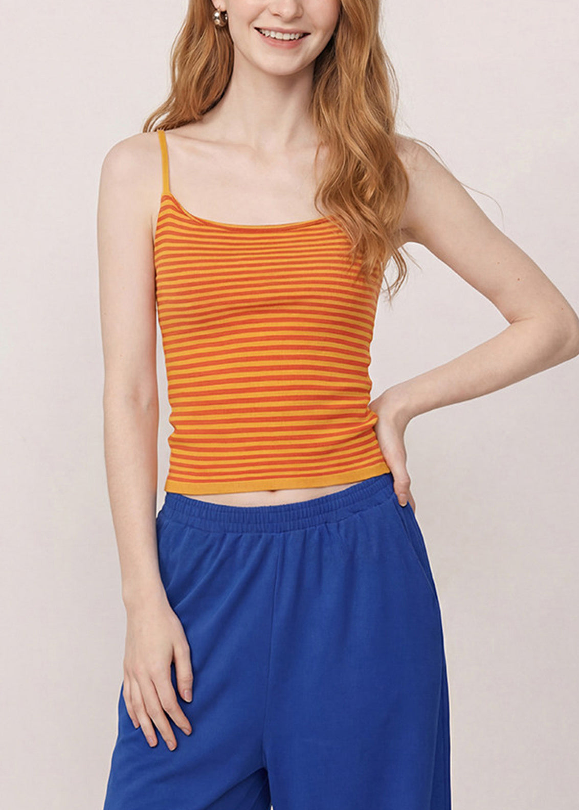 Stylish Orange Striped Knit Tank Tops Sleeveless