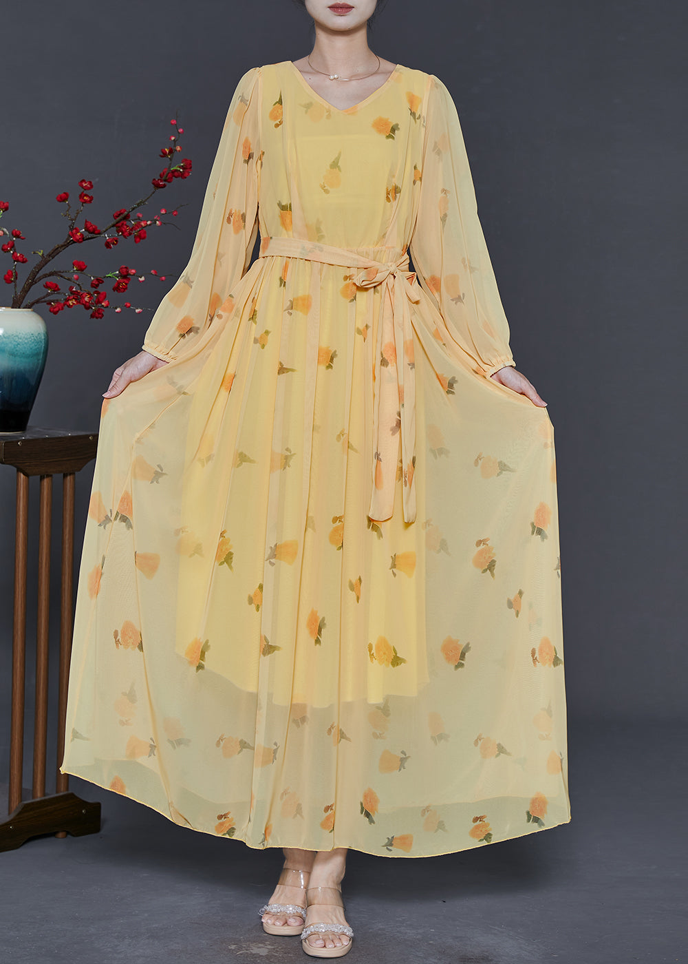 Stylish Orange Tie Waist Print Chiffon Maxi Dress Spring