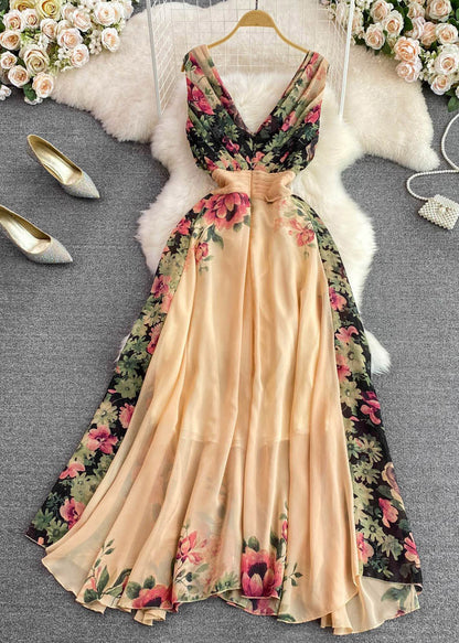 Stylish Orange V Neck Print Tunic Maxi Dresses Summer