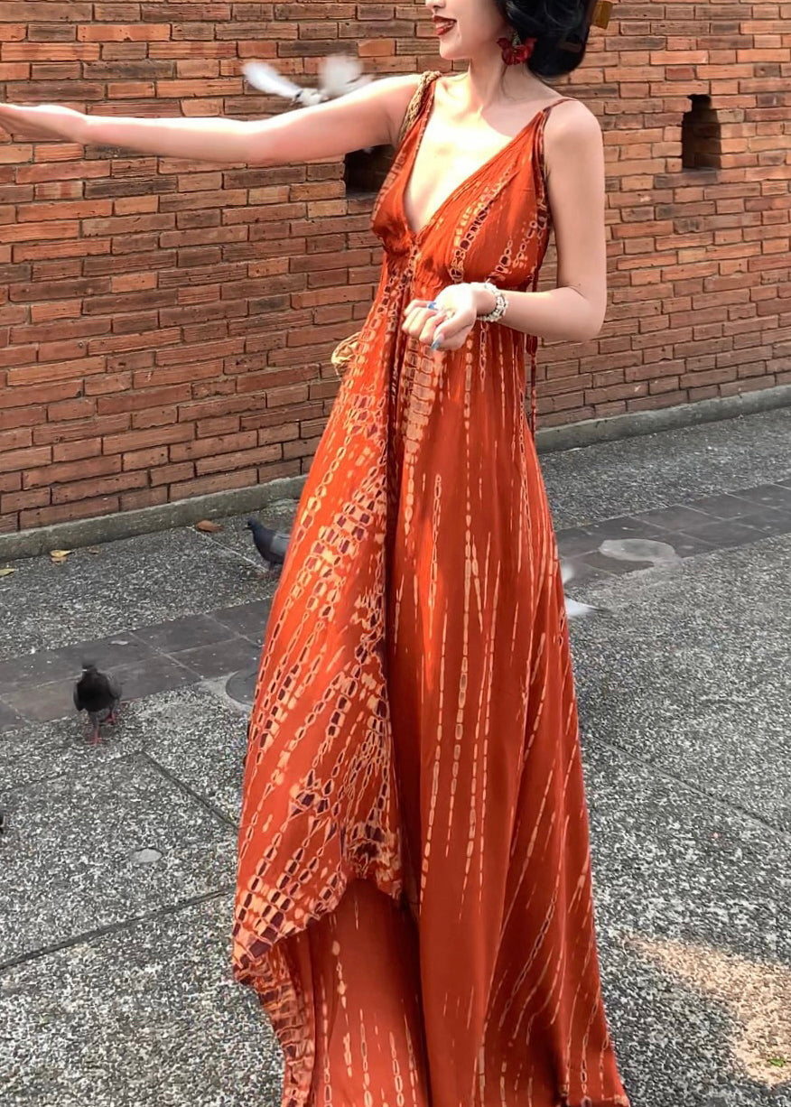 Stylish Orange V Neck Tie Dye Cotton Long Spaghetti Strap Dress Summer