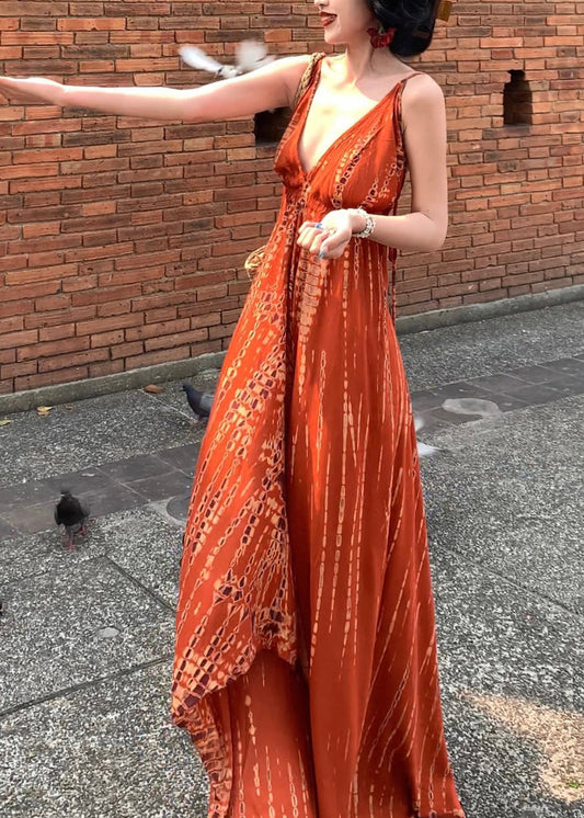 Stylish Orange V Neck Tie Dye Cotton Long Spaghetti Strap Dress Summer