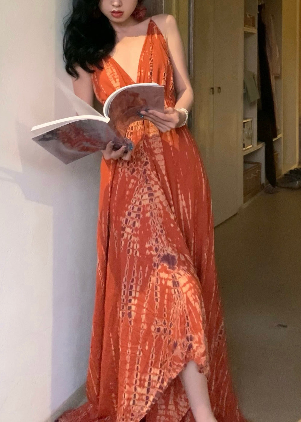 Stylish Orange V Neck Tie Dye Cotton Long Spaghetti Strap Dress Summer