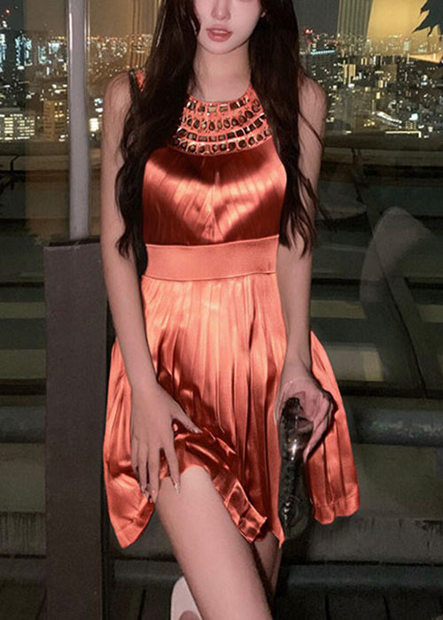 Stylish Orange Zircon Wrinkled Mini Dress Sleeveless