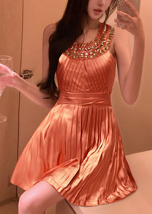 Stylish Orange Zircon Wrinkled Mini Dress Sleeveless