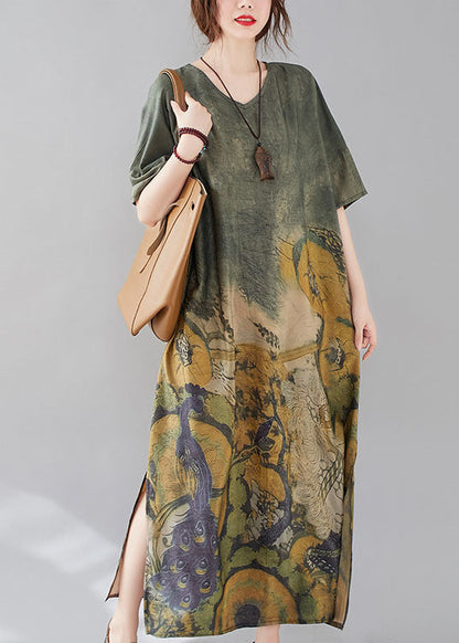 Stylish Peacock Green V Neck Side Open Print Maxi Dresses Short Sleeve