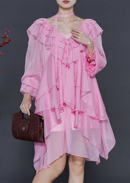 Stylish Pink Asymmetrical Ruffles Chiffon Mid Dress Spring