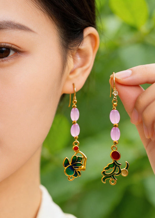 Stylish Pink Crystal Tasseled Ethnic Style Drop Earrings
