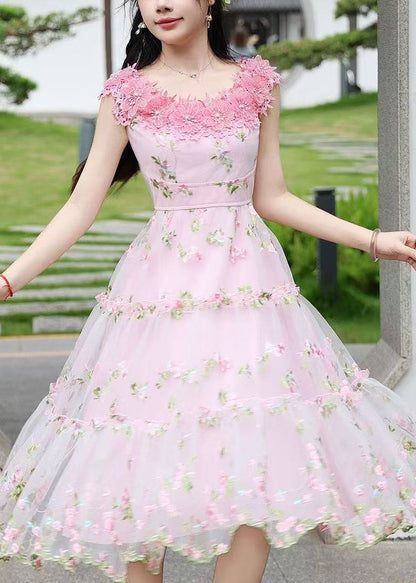 Stylish Pink Embroidered Floral Lace Tea Dress Summer