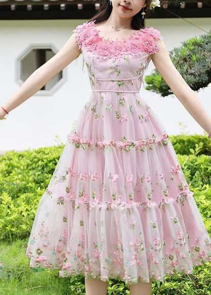 Stylish Pink Embroidered Floral Lace Tea Dress Summer