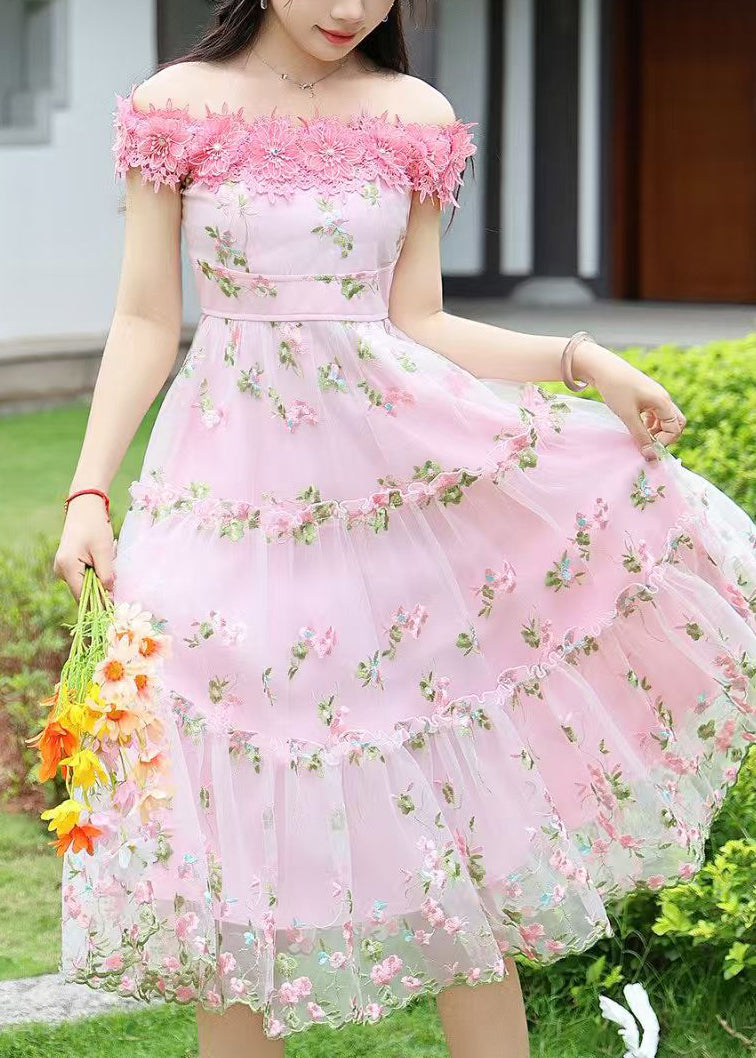 Stylish Pink Embroidered Floral Lace Tea Dress Summer