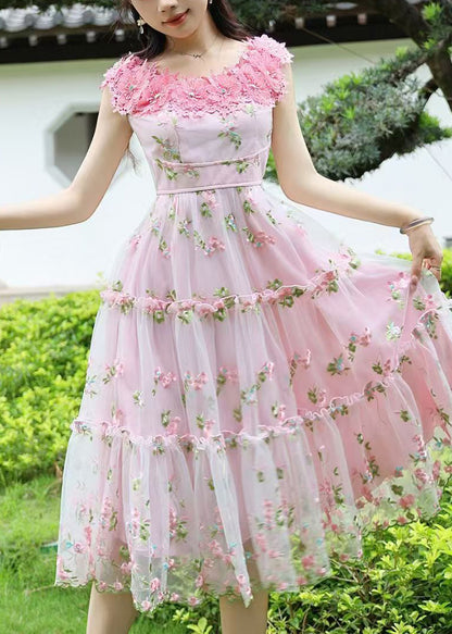 Stylish Pink Embroidered Floral Lace Tea Dress Summer