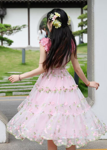 Stylish Pink Embroidered Floral Lace Tea Dress Summer
