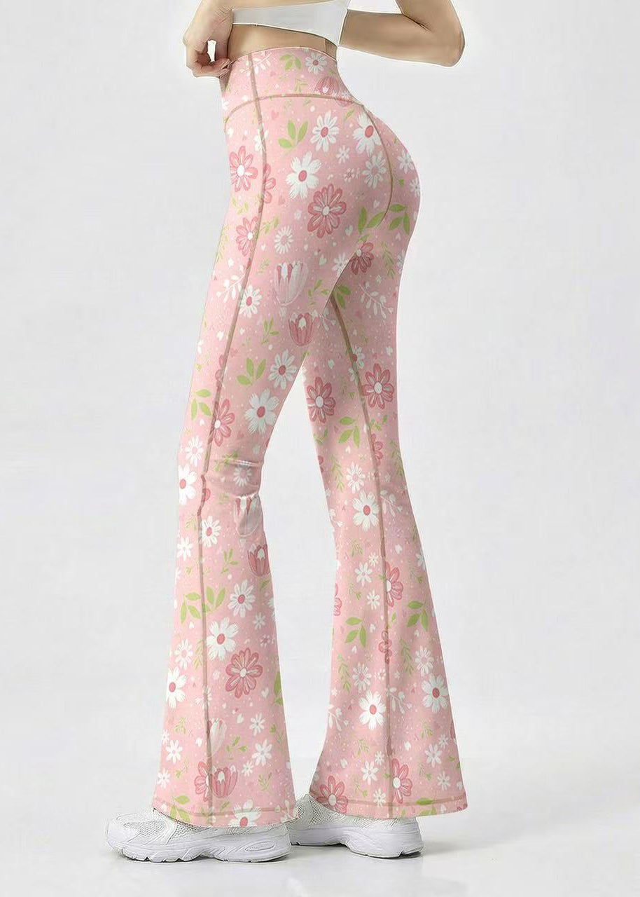 Stylish Pink Floral Print High Waist Super Stretch Flare Yoga Pants