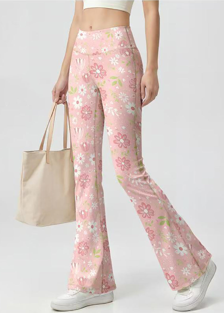 Stylish Pink Floral Print High Waist Super Stretch Flare Yoga Pants