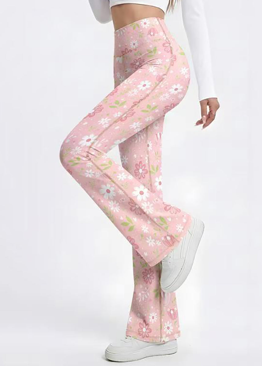 Stylish Pink Floral Print High Waist Super Stretch Flare Yoga Pants