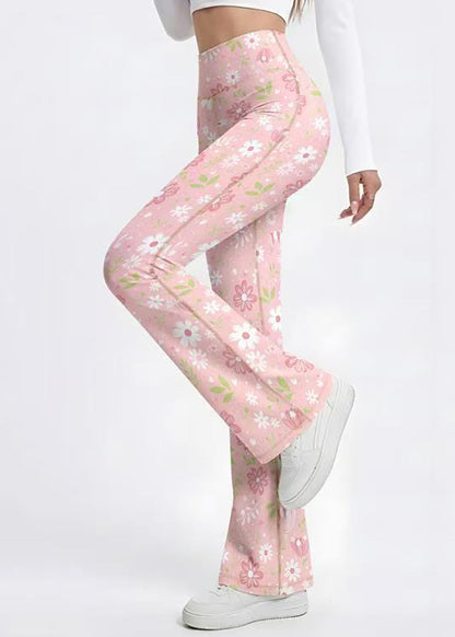 Stylish Pink Floral Print High Waist Super Stretch Flare Yoga Pants