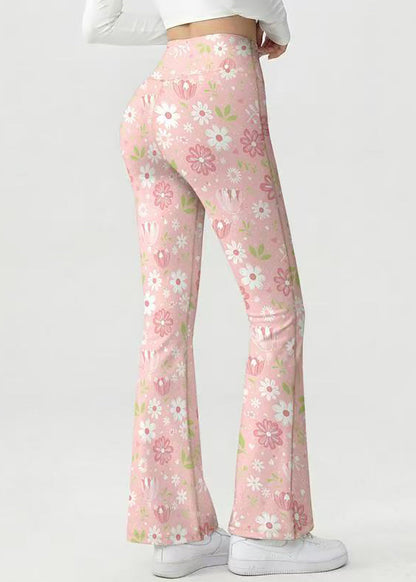 Stylish Pink Floral Print High Waist Super Stretch Flare Yoga Pants