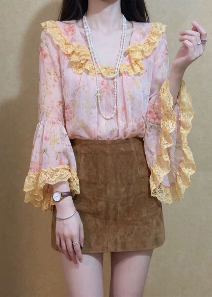 Stylish Pink Floral Ruffled Lace Patchwork Blouse Top Flare Sleeve