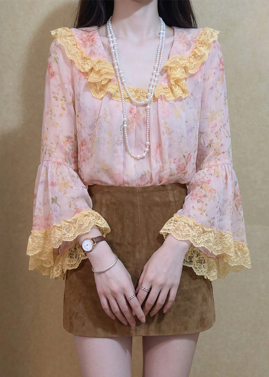 Stylish Pink Floral Ruffled Lace Patchwork Blouse Top Flare Sleeve