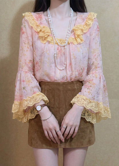 Stylish Pink Floral Ruffled Lace Patchwork Blouse Top Flare Sleeve