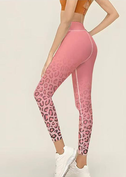 Stylish Pink Gradient Leopard Print High Waist Butt Scrunch Capri Athletic Leggings