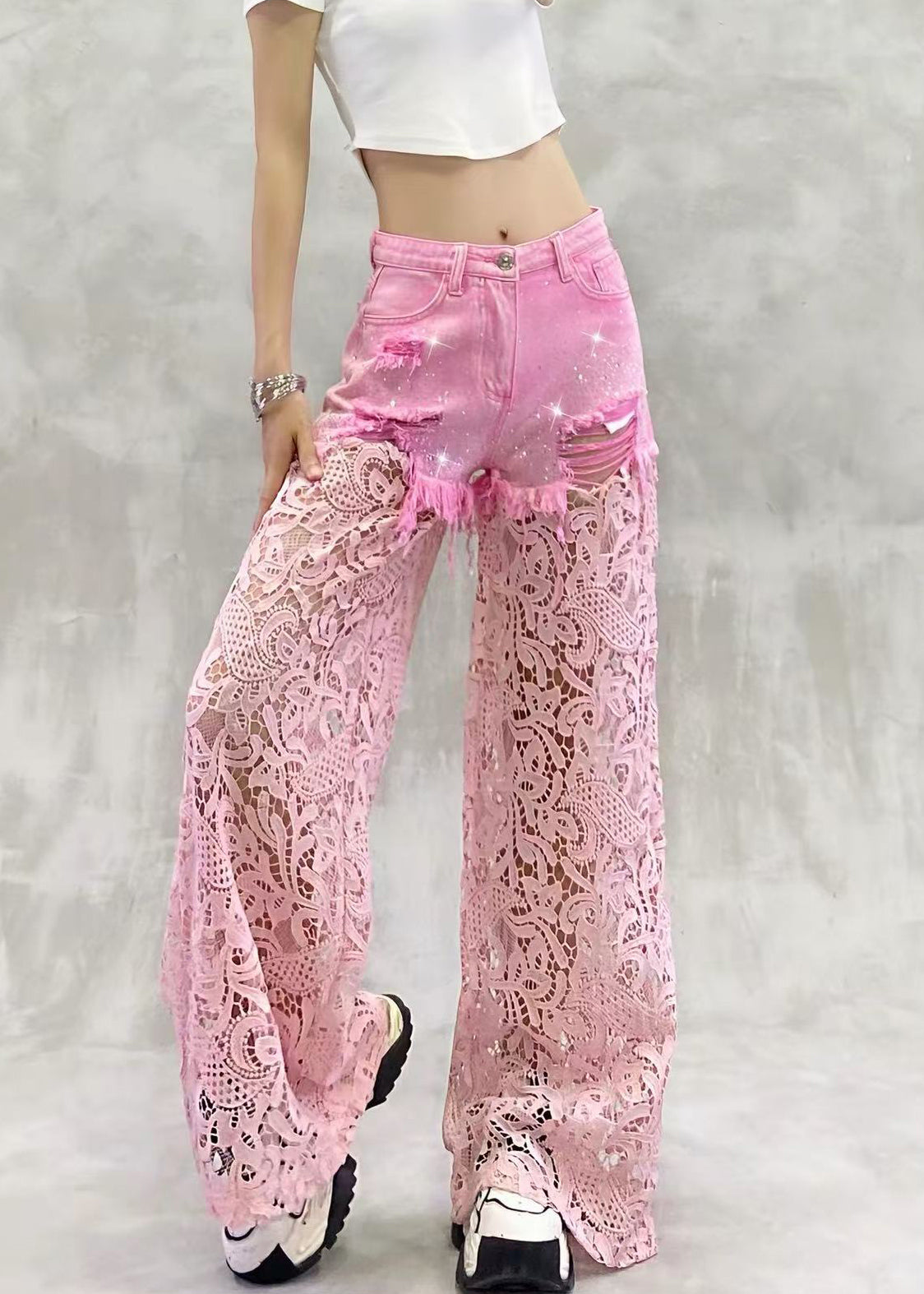 Stylish Pink High Waist Rhinestone Lace Patchwork Denim Wide Leg Pants Summer