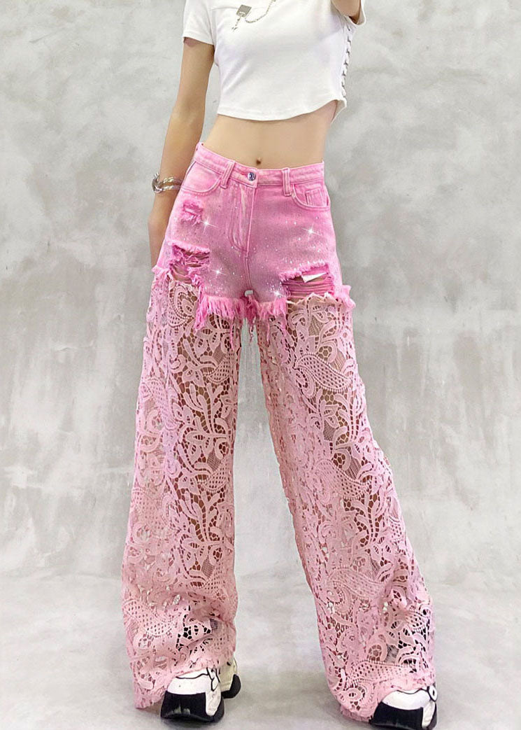 Stylish Pink High Waist Rhinestone Lace Patchwork Denim Wide Leg Pants Summer