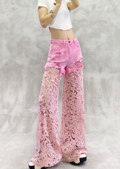 Stylish Pink High Waist Rhinestone Lace Patchwork Denim Wide Leg Pants Summer