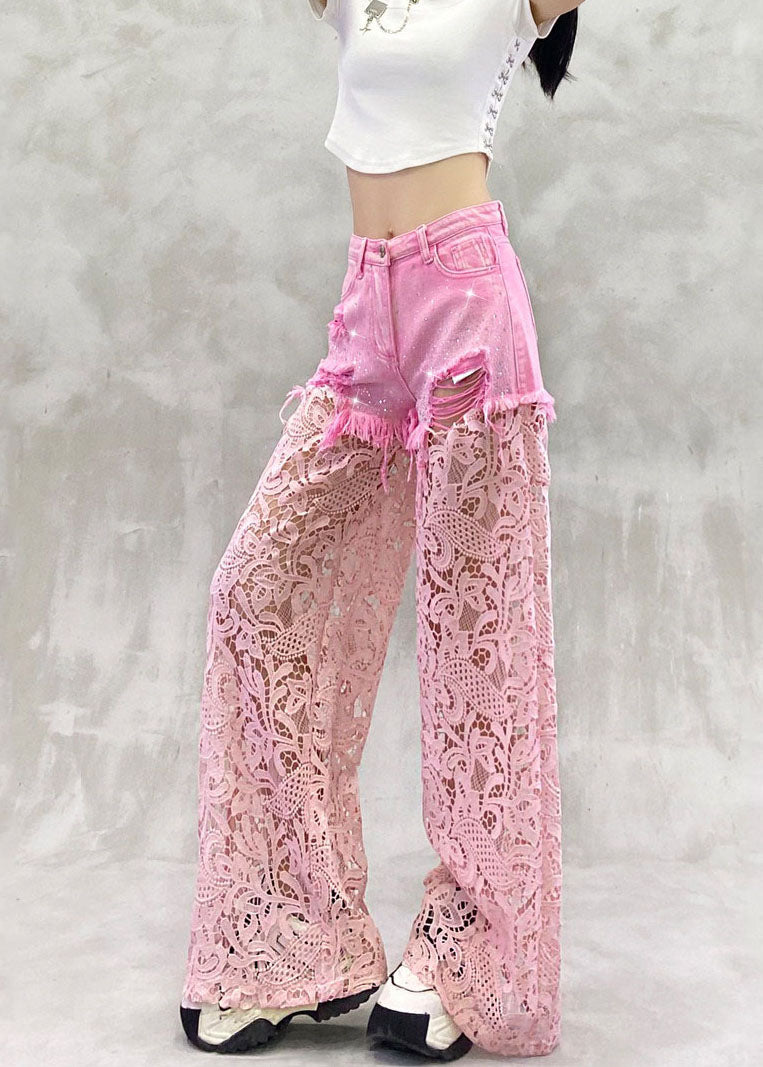 Stylish Pink High Waist Rhinestone Lace Patchwork Denim Wide Leg Pants Summer