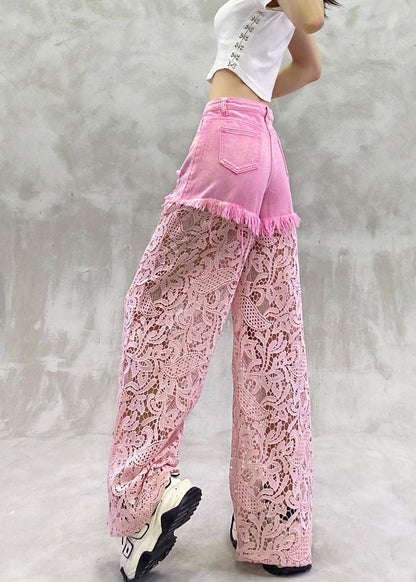 Stylish Pink High Waist Rhinestone Lace Patchwork Denim Wide Leg Pants Summer