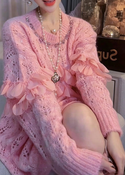 Stylish Pink Hollow Out Scallop Trim Knit Sweater Fall