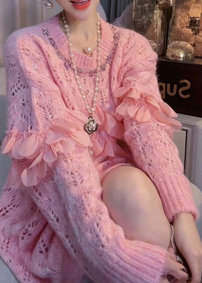 Stylish Pink Hollow Out Scallop Trim Knit Sweater Fall