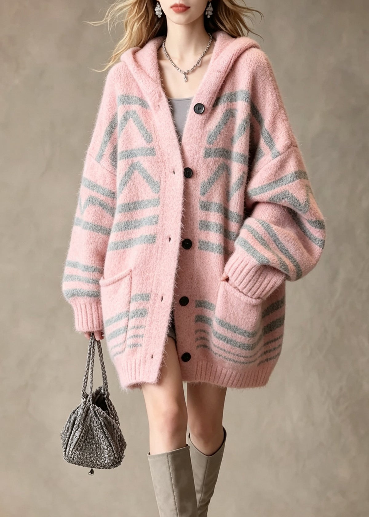 Stylish Pink Hooded Pockets Patchwork Knit Loose Coat Fall
