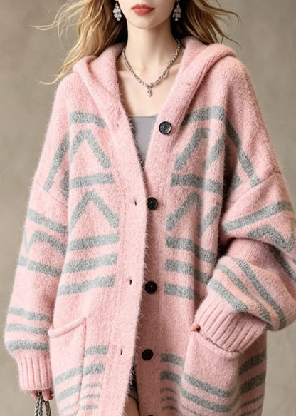 Stylish Pink Hooded Pockets Patchwork Knit Loose Coat Fall