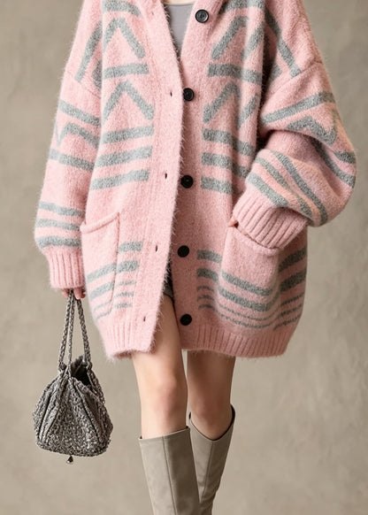 Stylish Pink Hooded Pockets Patchwork Knit Loose Coat Fall