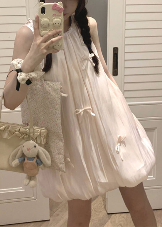 Stylish Pink Lace Up Bow Cotton Mid Dress Sleeveless
