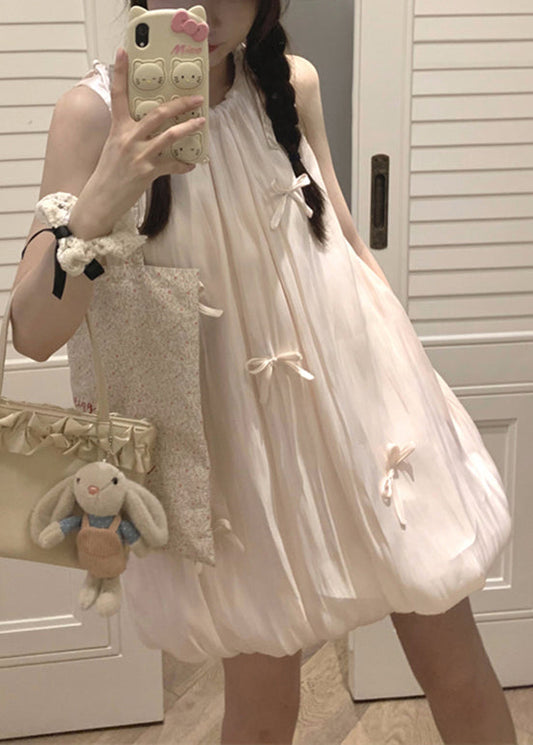 Stylish Pink Lace Up Bow Cotton Mid Dress Sleeveless