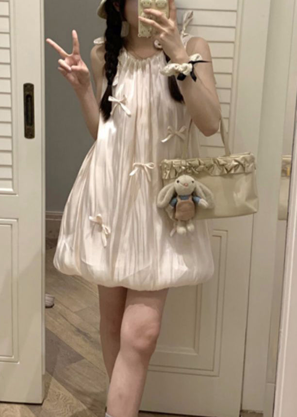 Stylish Pink Lace Up Bow Cotton Mid Dress Sleeveless